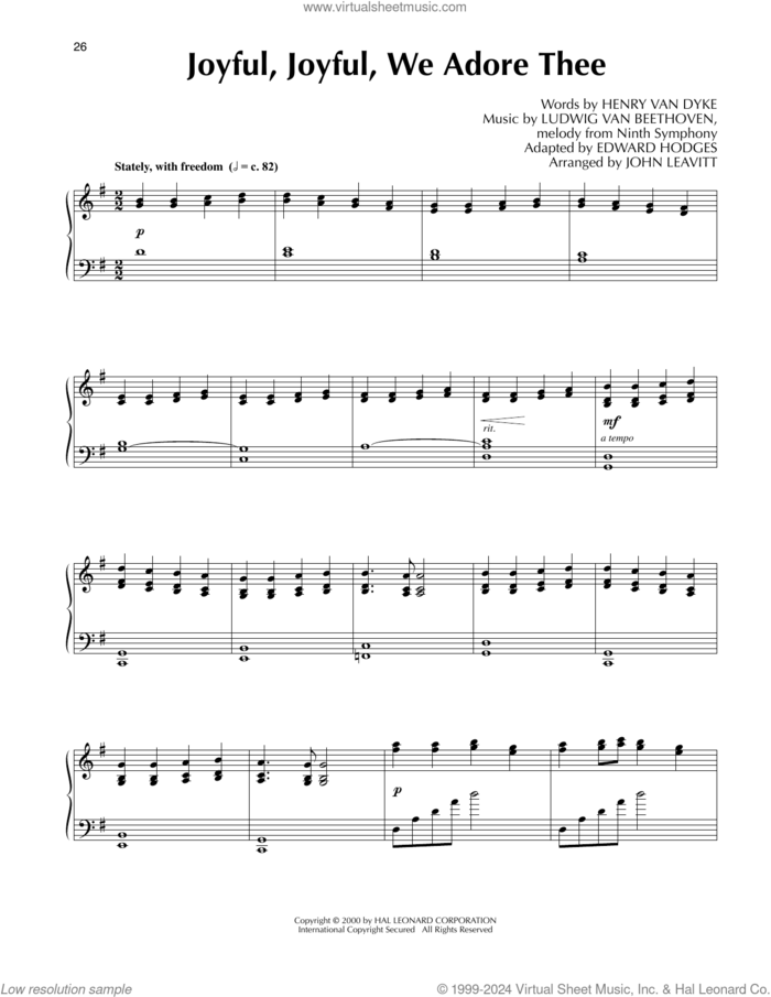 Joyful, Joyful, We Adore Thee (arr. John Leavitt) sheet music for piano solo by Ludwig van Beethoven, John Leavitt, Edward Hodges and Henry van Dyke, intermediate skill level