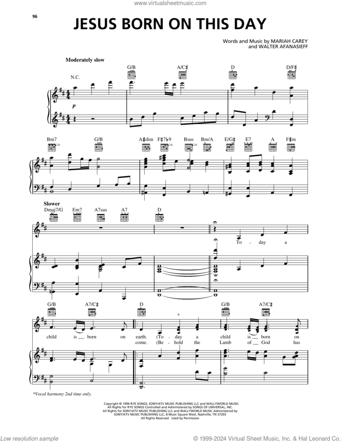 Jesus Born On This Day sheet music for voice, piano or guitar by Avalon, Mariah Carey and Walter Afanasieff, intermediate skill level