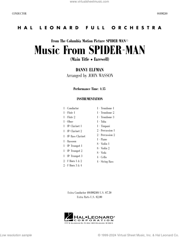 Music from Spider-Man (arr. John Wasson) (COMPLETE) sheet music for full orchestra by Danny Elfman and John Wasson, intermediate skill level