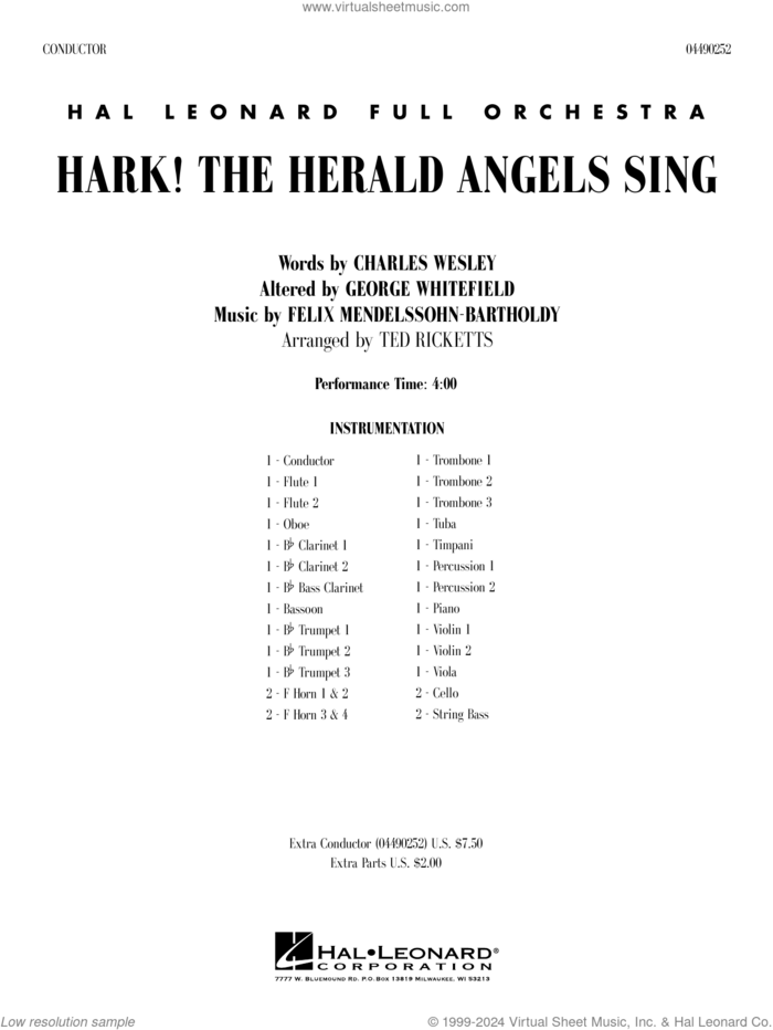 Hark! The Herald Angels Sing (arr. Ted Ricketts) (COMPLETE) sheet music for full orchestra by Felix Mendelssohn-Bartholdy, Charles Wesley, George Whitefield and Ted Ricketts, intermediate skill level