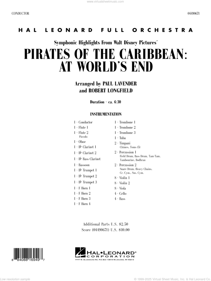 Symphonic Highlights from Pirates Of The Caribbean: At World's End sheet music for full orchestra (full score) by Hans Zimmer, Paul Lavender and Robert Longfield, intermediate skill level