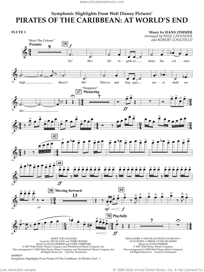Symphonic Highlights from Pirates Of The Caribbean: At World's End sheet music for full orchestra (flute 1) by Hans Zimmer, Paul Lavender and Robert Longfield, intermediate skill level