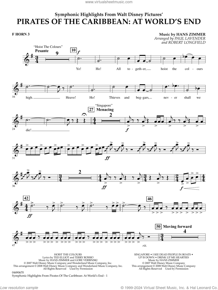 Symphonic Highlights from Pirates Of The Caribbean: At World's End sheet music for full orchestra (f horn 3) by Hans Zimmer, Paul Lavender and Robert Longfield, intermediate skill level