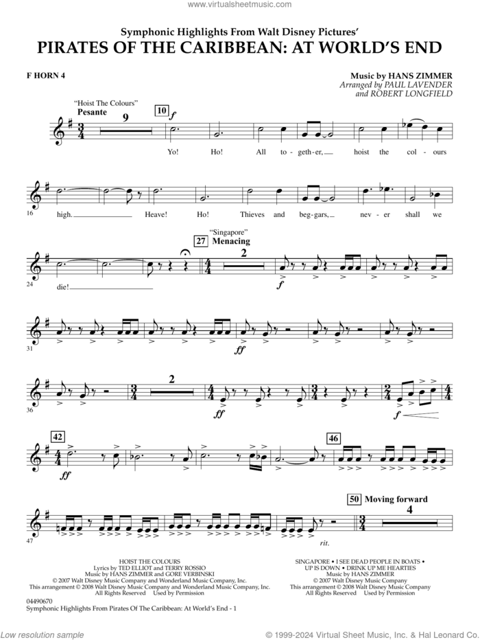 Symphonic Highlights from Pirates Of The Caribbean: At World's End sheet music for full orchestra (f horn 4) by Hans Zimmer, Paul Lavender and Robert Longfield, intermediate skill level