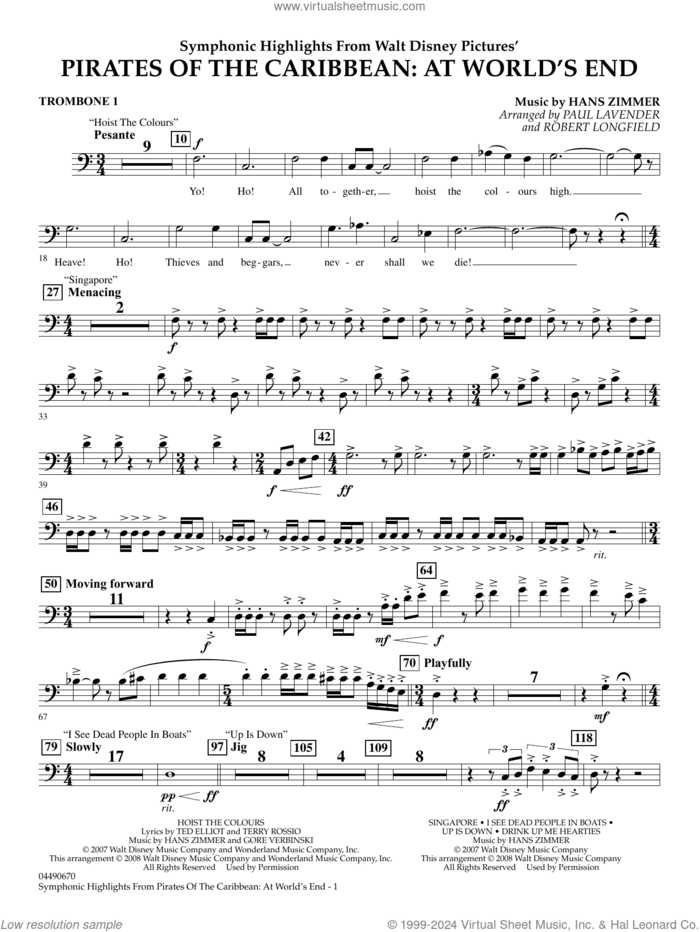 Symphonic Highlights from Pirates Of The Caribbean: At World's End sheet music for full orchestra (trombone 1) by Hans Zimmer, Paul Lavender and Robert Longfield, intermediate skill level