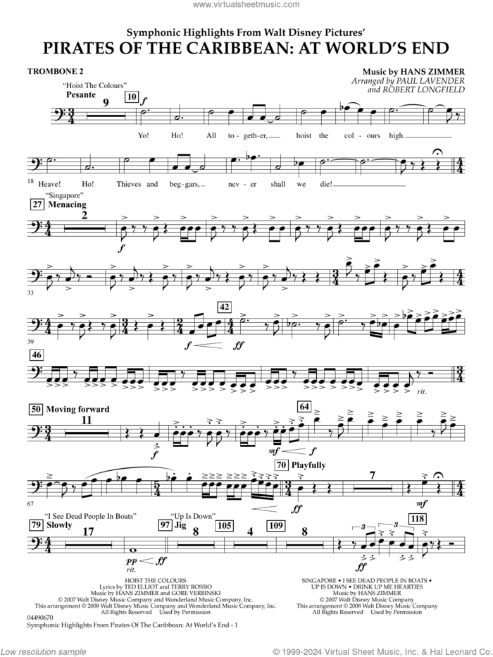 Symphonic Highlights from Pirates Of The Caribbean: At World's End sheet music for full orchestra (trombone 2) by Hans Zimmer, Paul Lavender and Robert Longfield, intermediate skill level