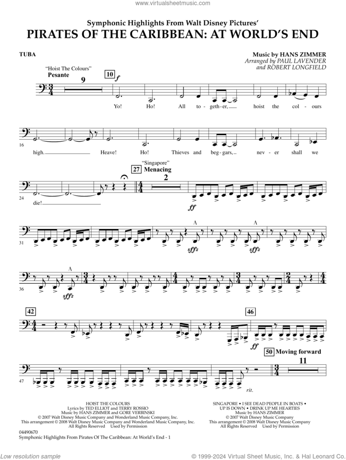 Symphonic Highlights from Pirates Of The Caribbean: At World's End sheet music for full orchestra (tuba) by Hans Zimmer, Paul Lavender and Robert Longfield, intermediate skill level