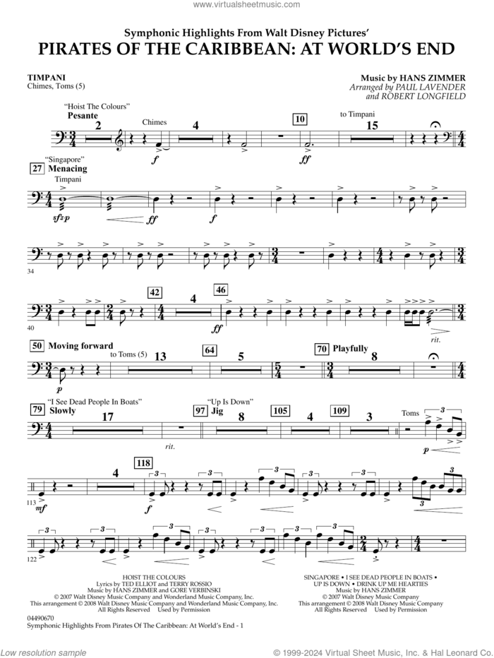 Symphonic Highlights from Pirates Of The Caribbean: At World's End sheet music for full orchestra (timpani) by Hans Zimmer, Paul Lavender and Robert Longfield, intermediate skill level