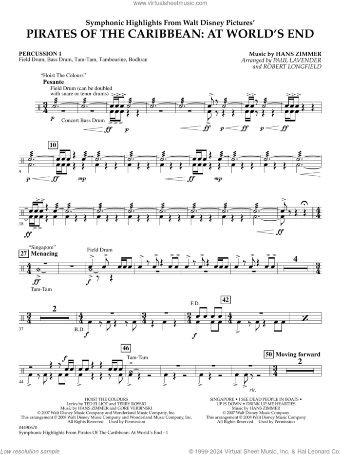 Symphonic Highlights from Pirates Of The Caribbean: At World's End sheet music for full orchestra (percussion 1) by Hans Zimmer, Paul Lavender and Robert Longfield, intermediate skill level