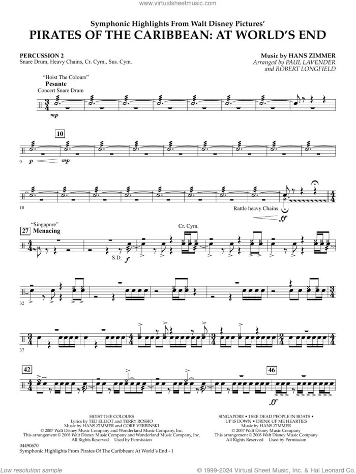 Symphonic Highlights from Pirates Of The Caribbean: At World's End sheet music for full orchestra (percussion 2) by Hans Zimmer, Paul Lavender and Robert Longfield, intermediate skill level