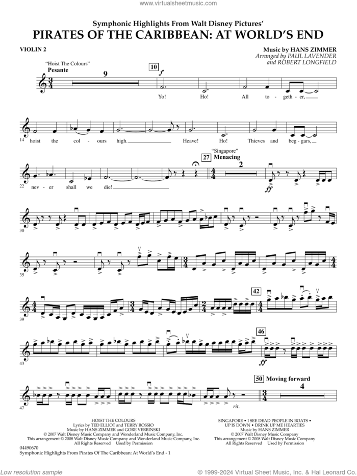 Symphonic Highlights from Pirates Of The Caribbean: At World's End sheet music for full orchestra (violin 2) by Hans Zimmer, Paul Lavender and Robert Longfield, intermediate skill level