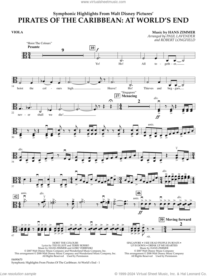 Symphonic Highlights from Pirates Of The Caribbean: At World's End sheet music for full orchestra (viola) by Hans Zimmer, Paul Lavender and Robert Longfield, intermediate skill level