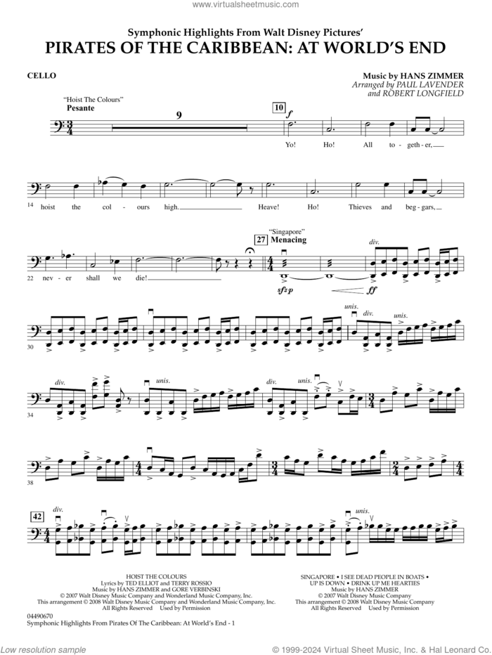 Symphonic Highlights from Pirates Of The Caribbean: At World's End sheet music for full orchestra (cello) by Hans Zimmer, Paul Lavender and Robert Longfield, intermediate skill level