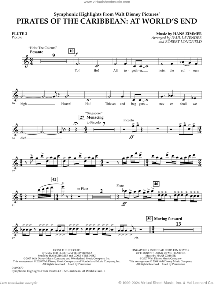 Symphonic Highlights from Pirates Of The Caribbean: At World's End sheet music for full orchestra (flute 2) by Hans Zimmer, Paul Lavender and Robert Longfield, intermediate skill level