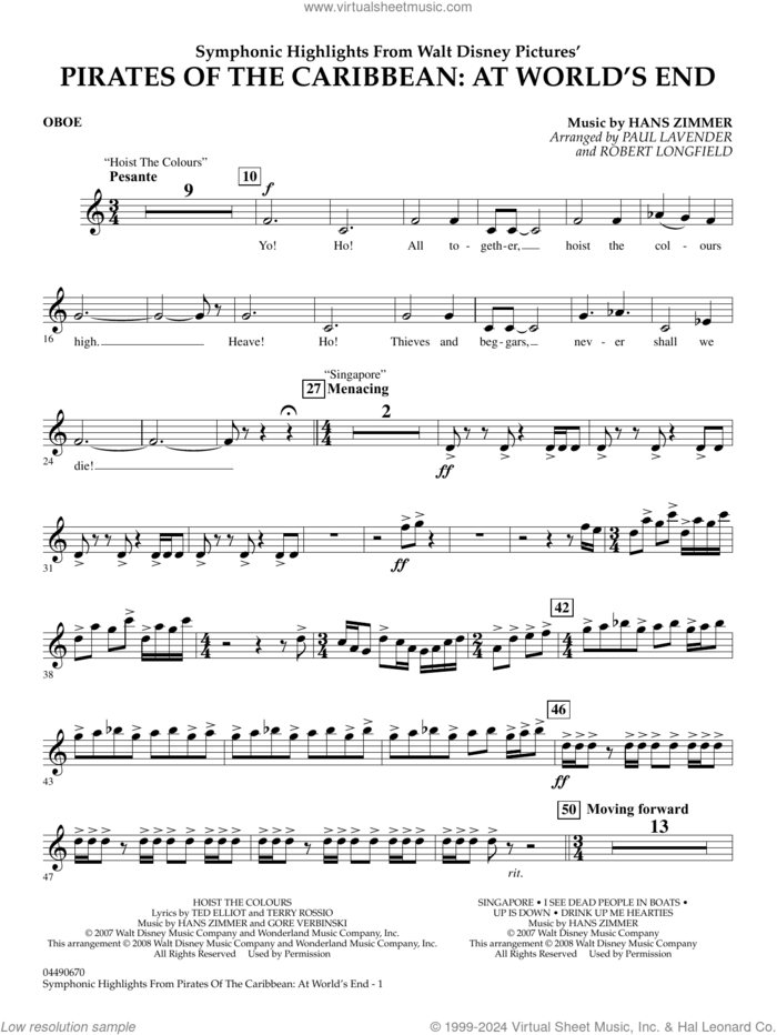 Symphonic Highlights from Pirates Of The Caribbean: At World's End sheet music for full orchestra (oboe) by Hans Zimmer, Paul Lavender and Robert Longfield, intermediate skill level