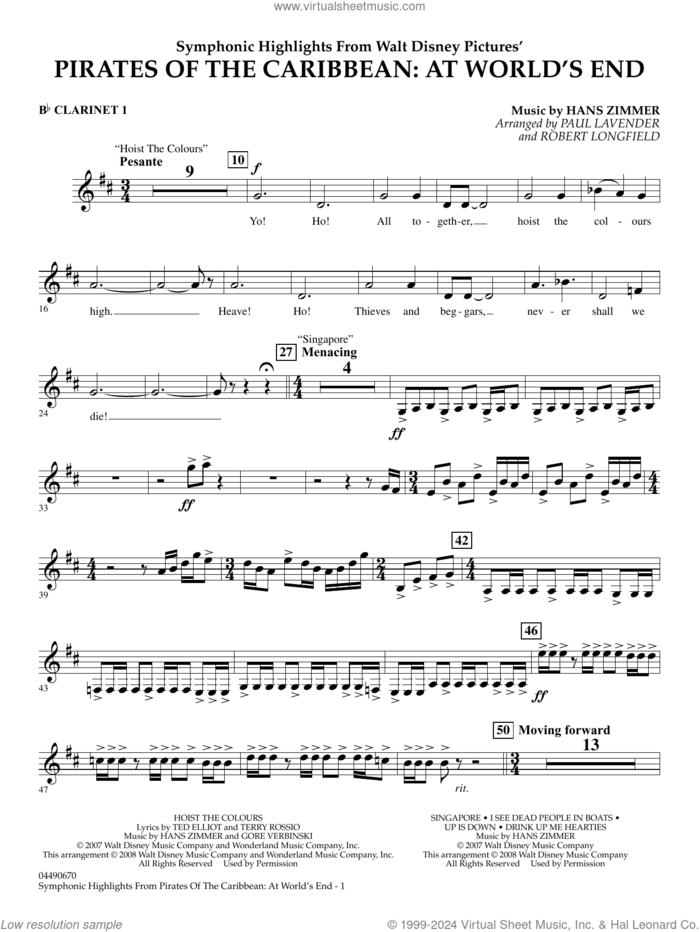 Symphonic Highlights from Pirates Of The Caribbean: At World's End sheet music for full orchestra (Bb clarinet 1) by Hans Zimmer, Paul Lavender and Robert Longfield, intermediate skill level