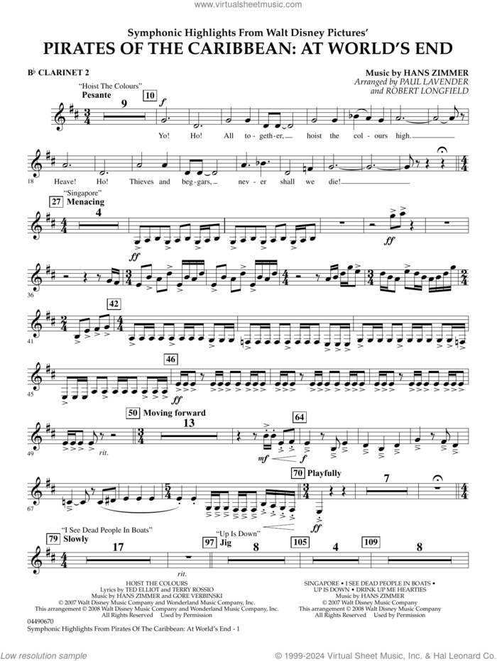 Symphonic Highlights from Pirates Of The Caribbean: At World's End sheet music for full orchestra (Bb clarinet 2) by Hans Zimmer, Paul Lavender and Robert Longfield, intermediate skill level