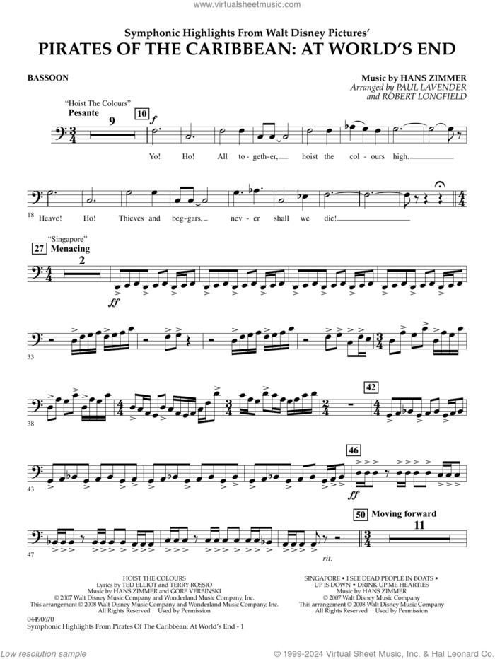 Symphonic Highlights from Pirates Of The Caribbean: At World's End sheet music for full orchestra (bassoon) by Hans Zimmer, Paul Lavender and Robert Longfield, intermediate skill level