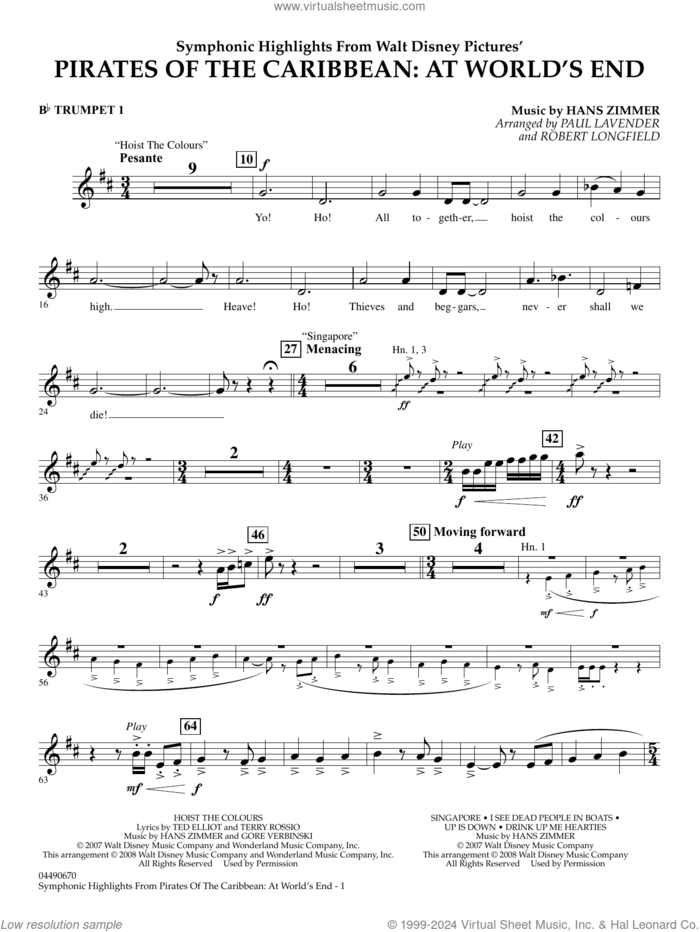 Symphonic Highlights from Pirates Of The Caribbean: At World's End sheet music for full orchestra (Bb trumpet 1) by Hans Zimmer, Paul Lavender and Robert Longfield, intermediate skill level