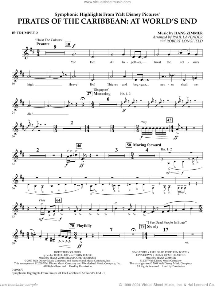 Symphonic Highlights from Pirates Of The Caribbean: At World's End sheet music for full orchestra (Bb trumpet 2) by Hans Zimmer, Paul Lavender and Robert Longfield, intermediate skill level