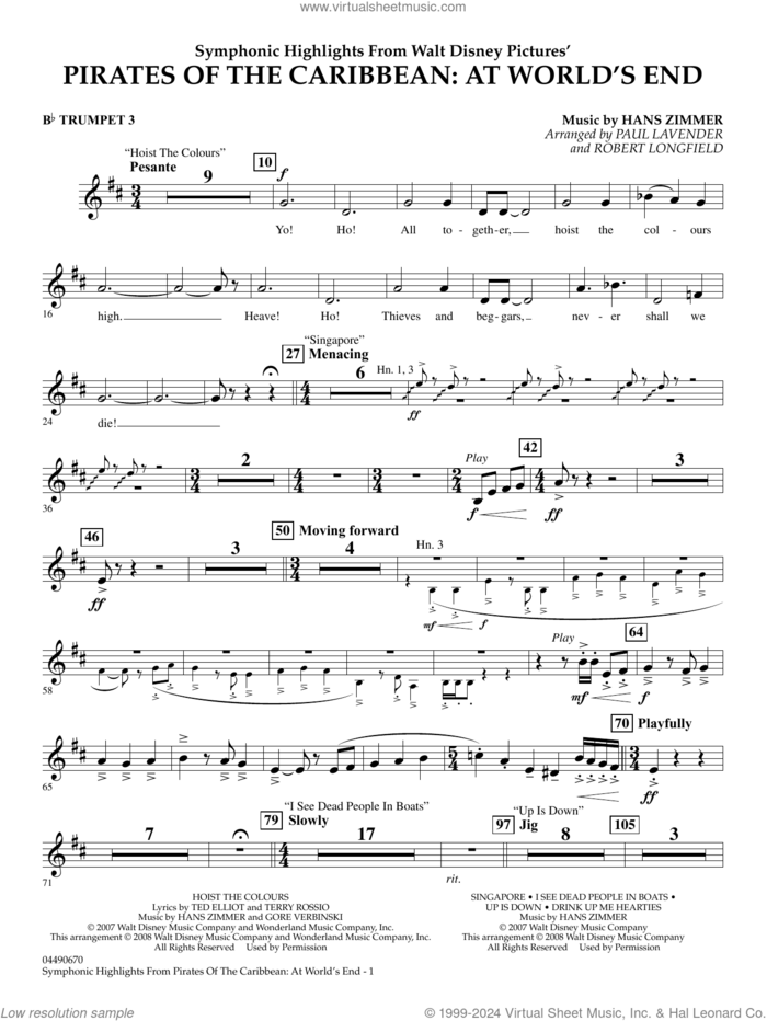 Symphonic Highlights from Pirates Of The Caribbean: At World's End sheet music for full orchestra (Bb trumpet 3) by Hans Zimmer, Paul Lavender and Robert Longfield, intermediate skill level