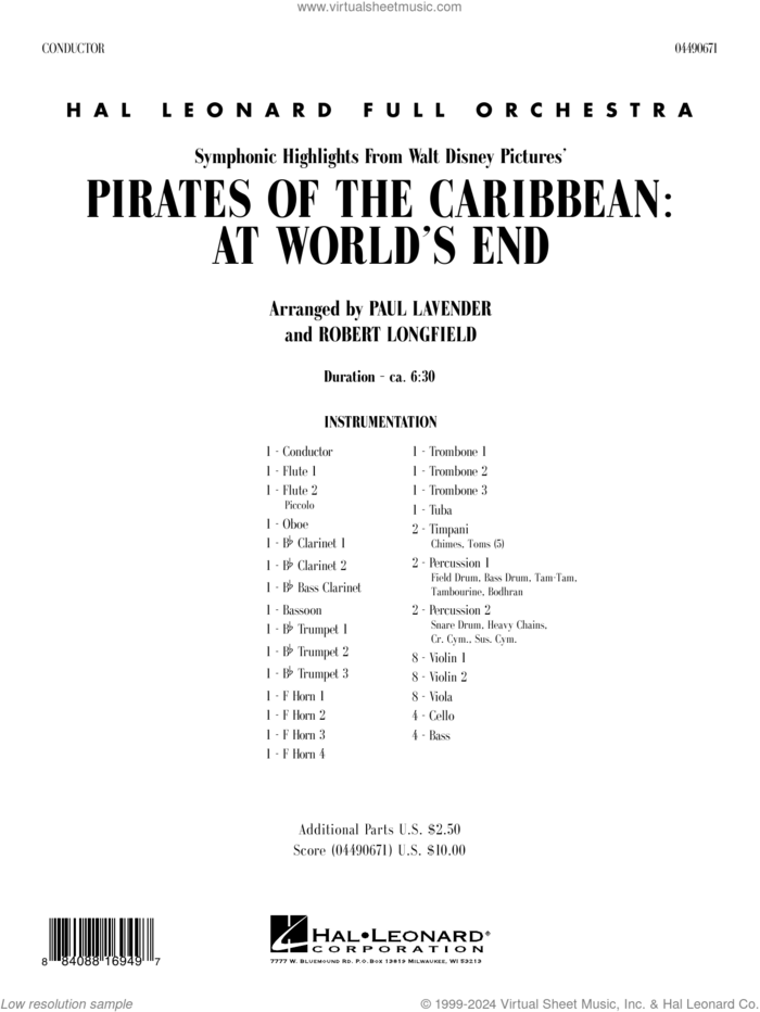 Symphonic Highlights from Pirates Of The Caribbean: At World's End (arr. Lavender/Longfield) (COMPLETE) sheet music for full orchestra by Hans Zimmer, Paul Lavender and Robert Longfield, intermediate skill level