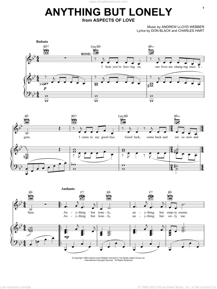 Anything But Lonely (from Aspects Of Love) sheet music for voice, piano or guitar by Andrew Lloyd Webber, Aspects Of Love (Musical), Charles Hart and Don Black, intermediate skill level