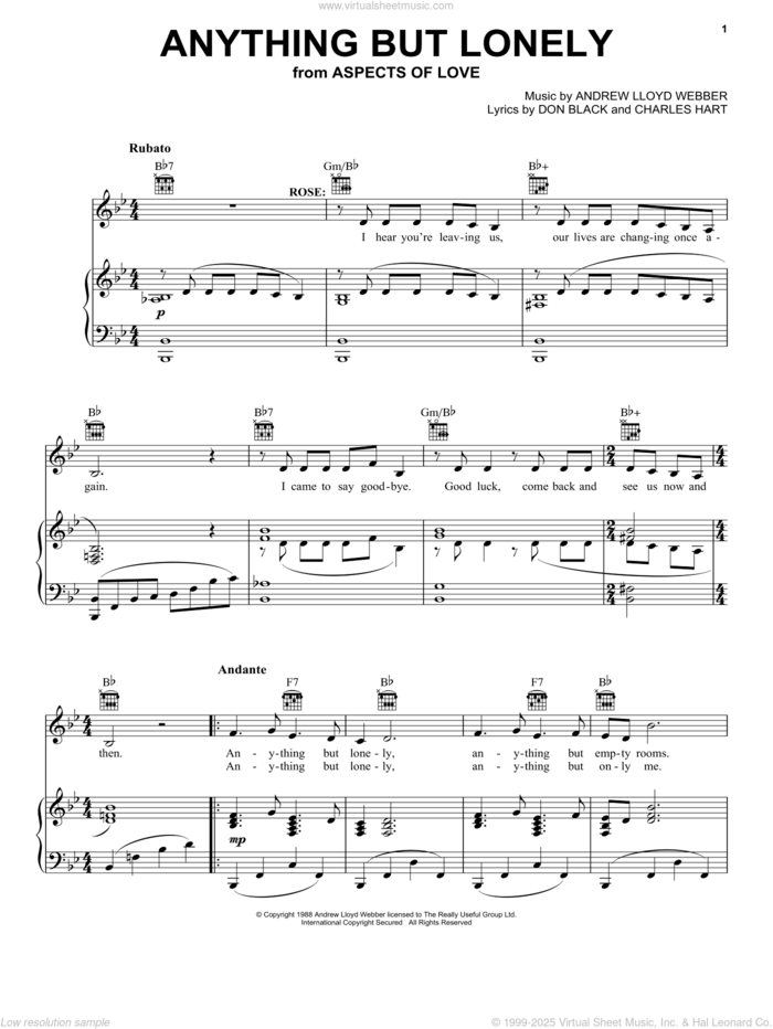 Anything But Lonely (from Aspects Of Love) sheet music for voice, piano or guitar by Andrew Lloyd Webber, Aspects Of Love (Musical), Charles Hart and Don Black, intermediate skill level