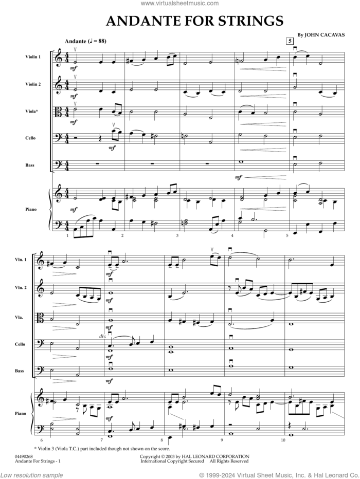 Andante for Strings (COMPLETE) sheet music for orchestra by John Cacavas, classical score, intermediate skill level