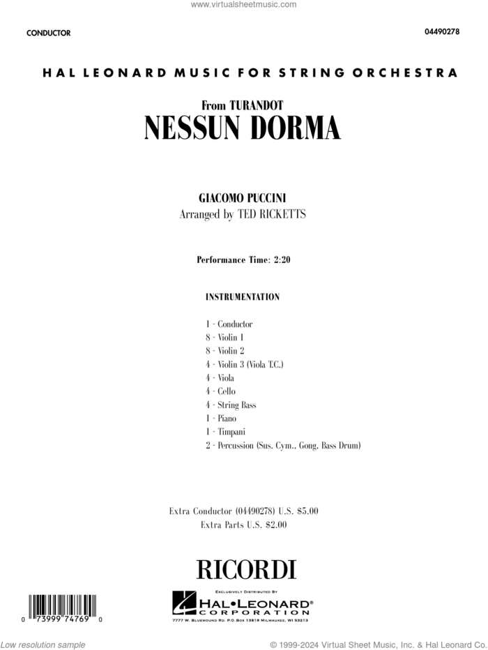 Nessun Dorma (from Turandot) (arr. Ted Ricketts) (COMPLETE) sheet music for orchestra by Giacomo Puccini, Giuseppe Adami, Renato Simoni and Ted Ricketts, classical score, intermediate skill level