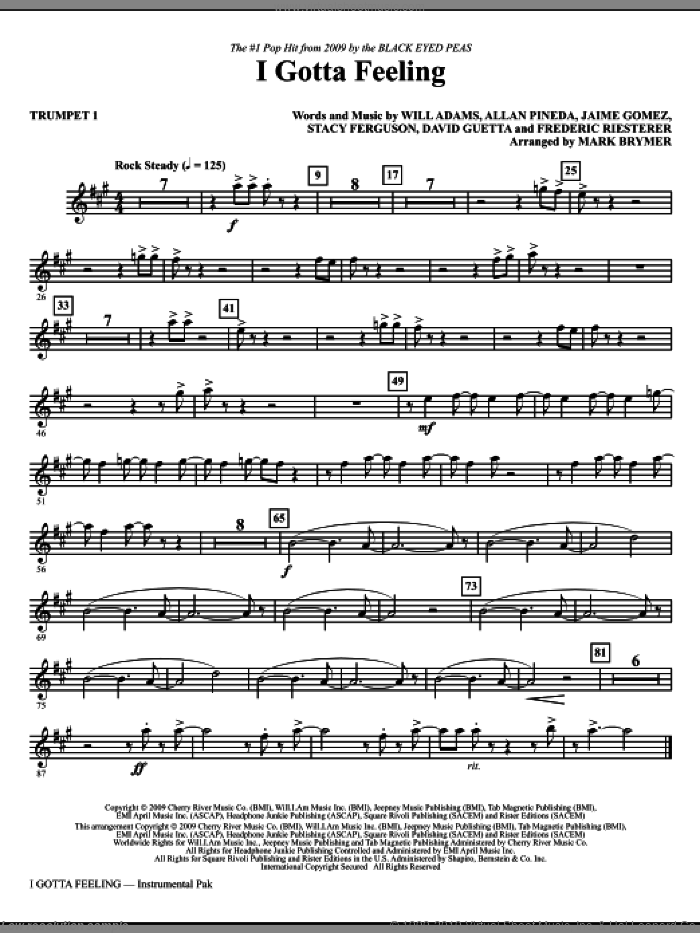 I Gotta Feeling (arr. Mark Brymer) (complete set of parts) sheet music for orchestra/band by Mark Brymer, Allan Pineda, Black Eyed Peas, David Guetta, Frederic Riesterer, Jaime Gomez, Stacy Ferguson and Will Adams, intermediate skill level
