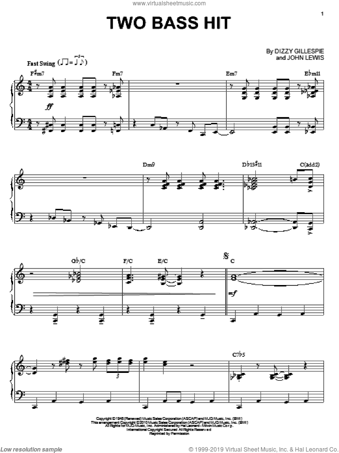 Two Bass Hit (arr. Brent Edstrom) sheet music for piano solo by Dizzy Gillespie and John Lewis, intermediate skill level