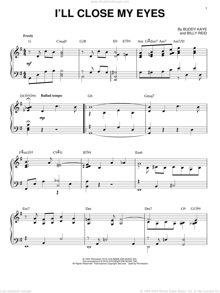 I'll Close My Eyes (arr. Brent Edstrom) sheet music for piano solo by Kenny Burrell, Billy Reid and Buddy Kaye, intermediate skill level