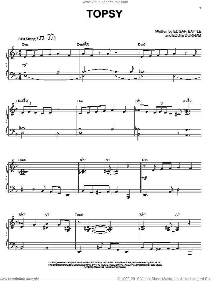 Topsy (arr. Brent Edstrom) sheet music for piano solo by Count Basie, Eddie Durham and Edgar Battle, intermediate skill level