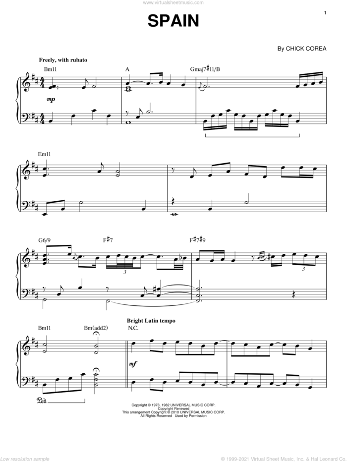 Spain (arr. Brent Edstrom) sheet music for piano solo by Chick Corea, intermediate skill level