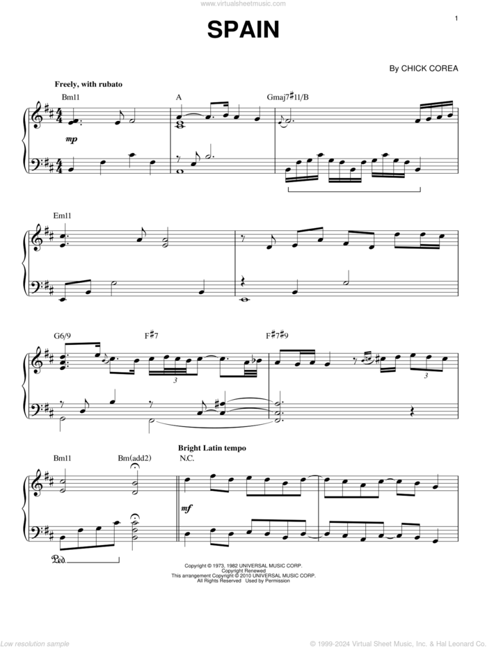 Spain (arr. Brent Edstrom) sheet music for piano solo by Chick Corea, intermediate skill level