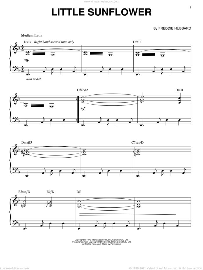 Little Sunflower (arr. Brent Edstrom) sheet music for piano solo by Freddie Hubbard, intermediate skill level