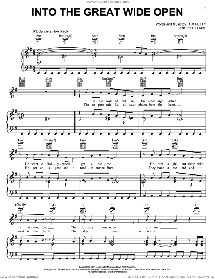 Into The Great Wide Open sheet music for voice, piano or guitar by Tom Petty And The Heartbreakers, Jeff Lynne and Tom Petty, intermediate skill level