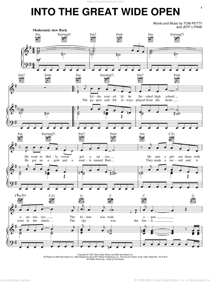 Into The Great Wide Open sheet music for voice, piano or guitar by Tom Petty And The Heartbreakers, Jeff Lynne and Tom Petty, intermediate skill level