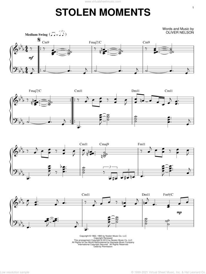 Stolen Moments (arr. Brent Edstrom) sheet music for piano solo by Oliver Nelson, intermediate skill level