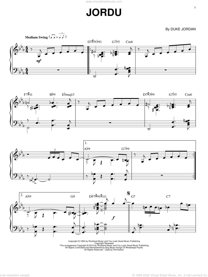 Jordu (arr. Brent Edstrom) sheet music for piano solo by Duke Jordan, intermediate skill level