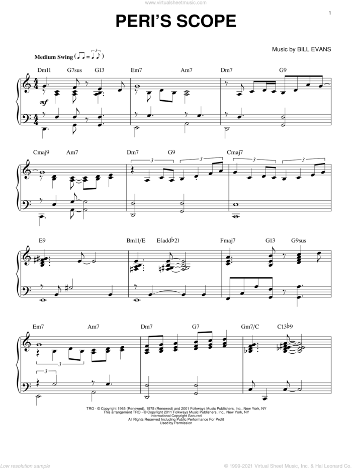 Peri's Scope (arr. Brent Edstrom) sheet music for piano solo by Bill Evans, intermediate skill level