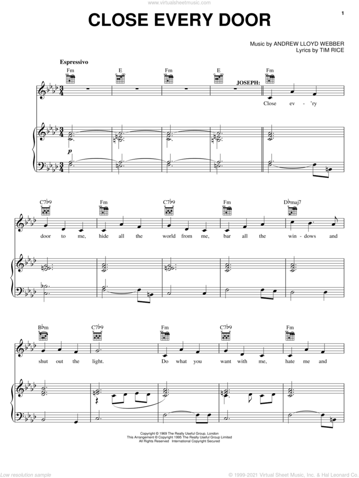 Close Every Door (from Joseph and the Amazing Technicolor Dreamcoat) sheet music for voice, piano or guitar by Andrew Lloyd Webber, Joseph And The Amazing Technicolor Dreamcoat (Musical) and Tim Rice, intermediate skill level