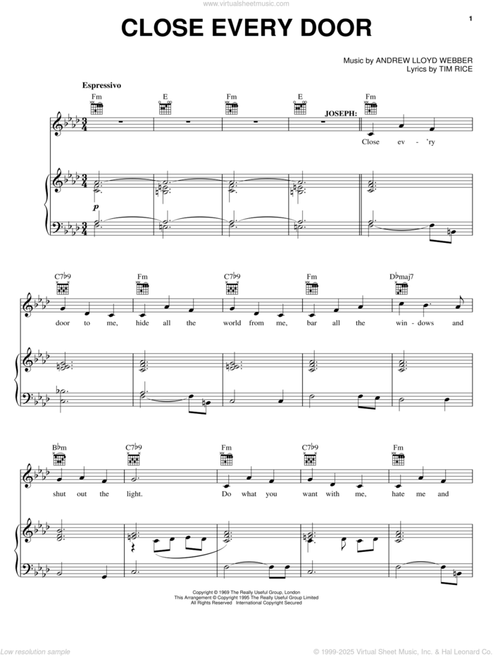 Close Every Door (from Joseph and the Amazing Technicolor Dreamcoat) sheet music for voice, piano or guitar by Andrew Lloyd Webber, Joseph And The Amazing Technicolor Dreamcoat (Musical) and Tim Rice, intermediate skill level