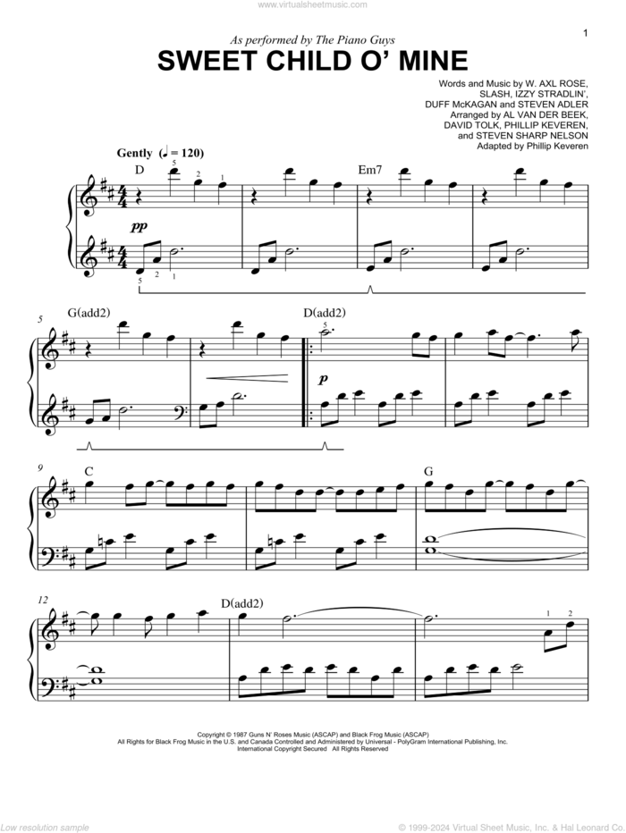 Sweet Child O' Mine (arr. Phillip Keveren) sheet music for piano solo by The Piano Guys, Phillip Keveren, Axl Rose, Duff McKagan, Slash and Steven Adler, easy skill level