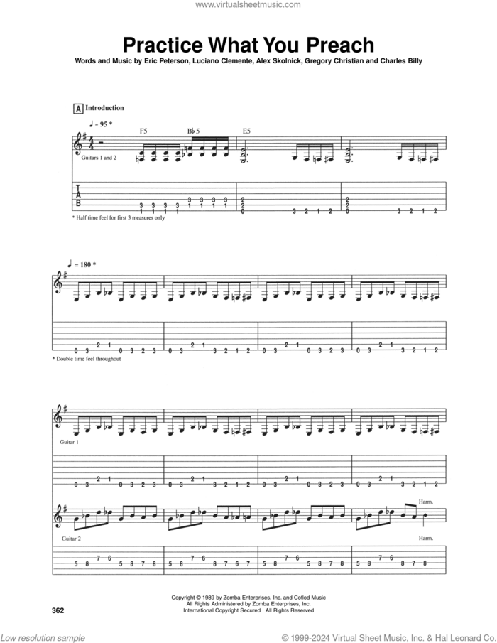 Practice What You Preach sheet music for guitar (tablature) by Testament, Alex Skolnick, Charles Billy, Eric Peterson, Gregory Christian and Luciano Clemente, intermediate skill level