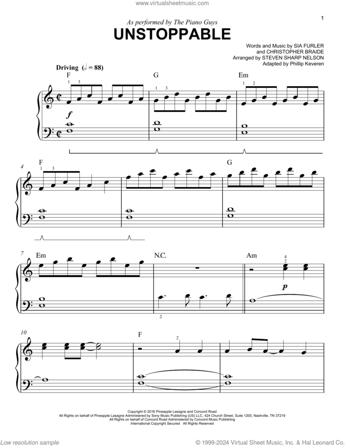 Unstoppable (arr. Phillip Keveren) sheet music for piano solo by The Piano Guys, Phillip Keveren, Sia, Chris Braide and Sia Furler, easy skill level
