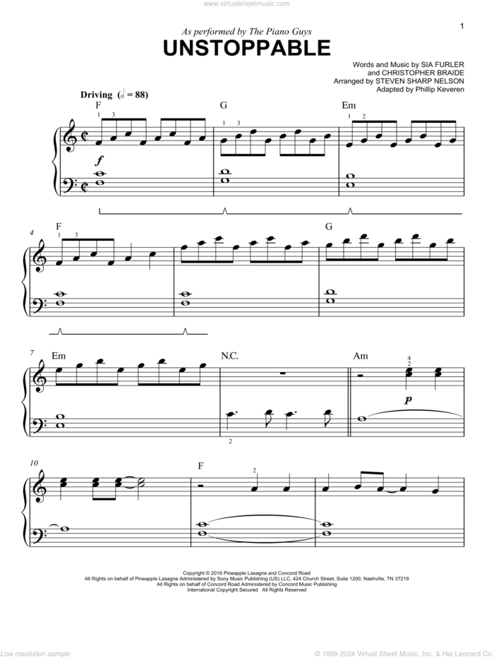 Unstoppable (arr. Phillip Keveren) sheet music for piano solo by The Piano Guys, Phillip Keveren, Sia, Chris Braide and Sia Furler, easy skill level