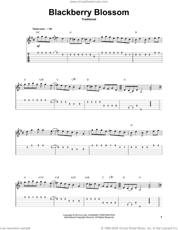 Blackberry Blossom sheet music for guitar (tablature, play-along), intermediate skill level