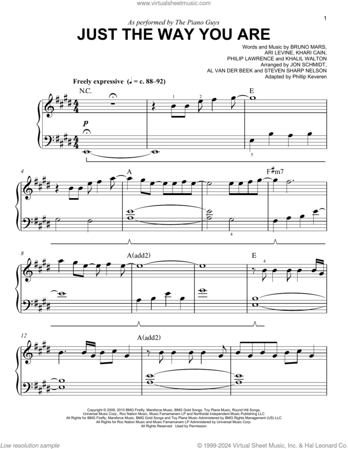 Just The Way You Are (arr. Phillip Keveren) sheet music for piano solo by The Piano Guys, Phillip Keveren, Ari Levine, Bruno Mars, Khalil Walton, Khari Cain and Philip Lawrence, easy skill level